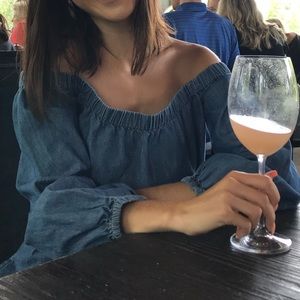 Free People off the shoulder jean romper.